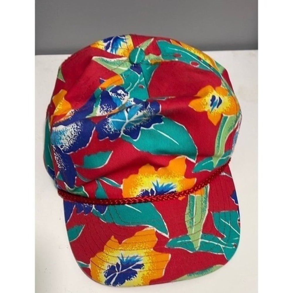 Vintage 90s Wendy's Hamburgers Hawaiian Floral Snapback‎ Hat Promo Rope Brim Cap
